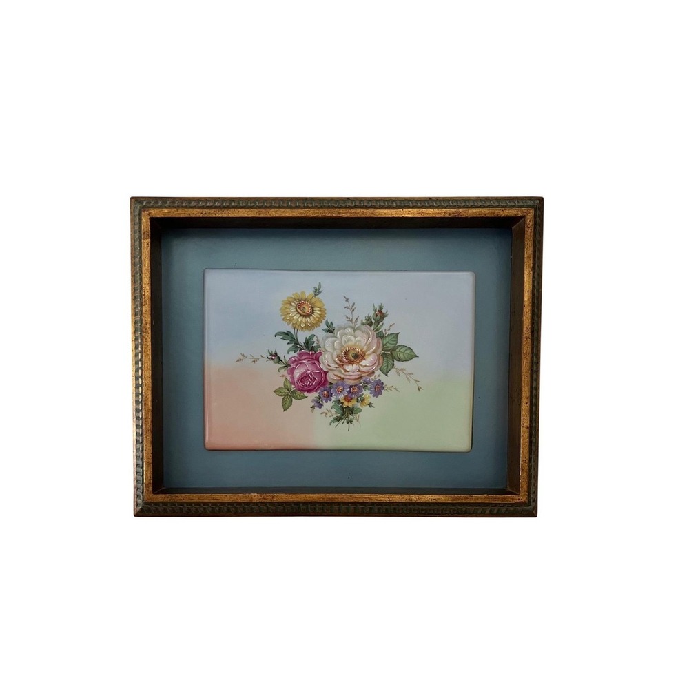 Vintage Hand Painted Floral Porcelain Plaque Shadow Box Gilt Frame 18x14